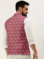 Men Mandarin Collar Printed Pink Nehru Jacket-GEW-PR-275-Pink