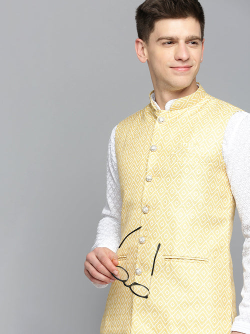 Men Mandarin Collar Printed Yellow Nehru Jacket-GEW-PR-282-Yellow