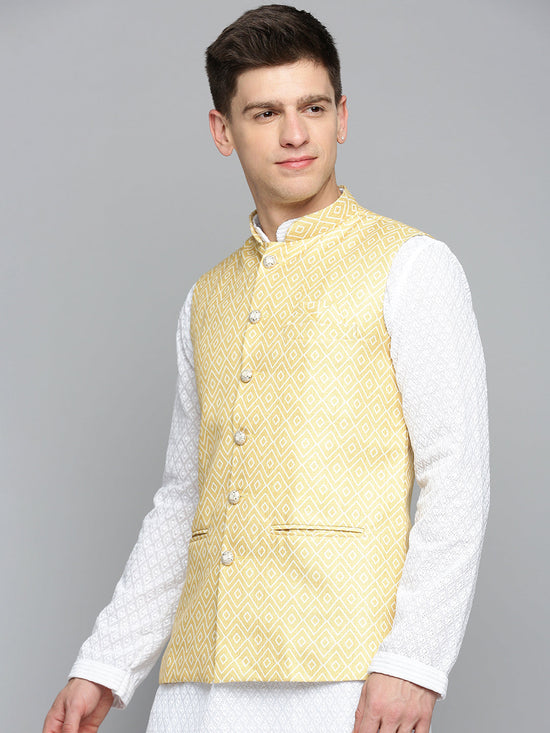 Men Mandarin Collar Printed Yellow Nehru Jacket-GEW-PR-282-Yellow