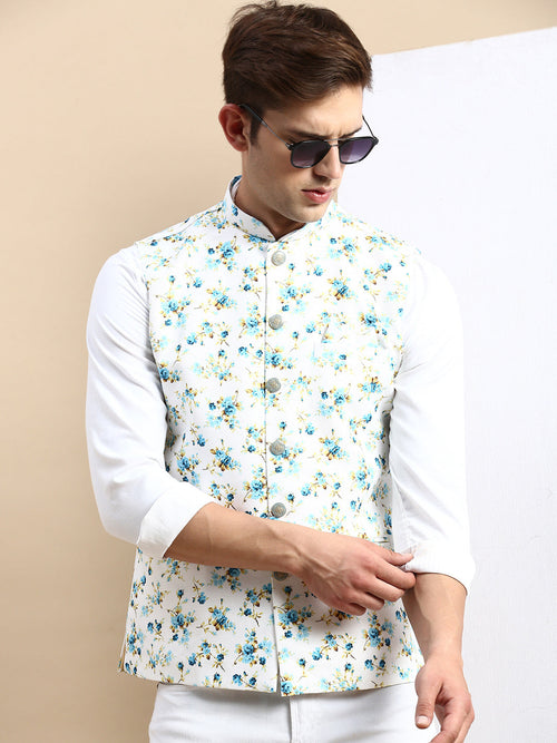 Men Mandarin Collar Printed White Nehru Jacket-GEW-PR-286-White