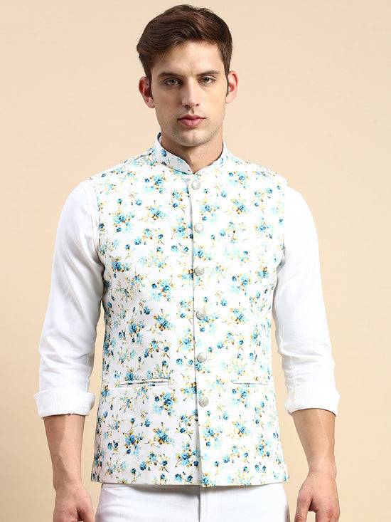 Men Mandarin Collar Printed White Nehru Jacket-GEW-PR-286-White