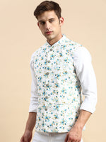 Men Mandarin Collar Printed White Nehru Jacket-GEW-PR-286-White