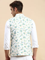 Men Mandarin Collar Printed White Nehru Jacket-GEW-PR-286-White