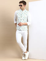 Men Mandarin Collar Printed White Nehru Jacket-GEW-PR-286-White