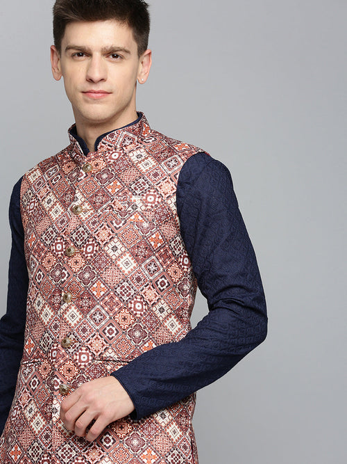 Men Mandarin Collar Printed Brown Nehru Jacket-GEW-PR-287-Brown