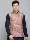 Men Mandarin Collar Printed Brown Nehru Jacket-GEW-PR-287-Brown