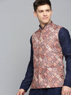 Men Mandarin Collar Printed Brown Nehru Jacket-GEW-PR-287-Brown