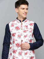 Men Mandarin Collar Printed White Nehru Jacket-GEW-PR-289-White