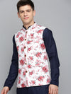 Men Mandarin Collar Printed White Nehru Jacket-GEW-PR-289-White