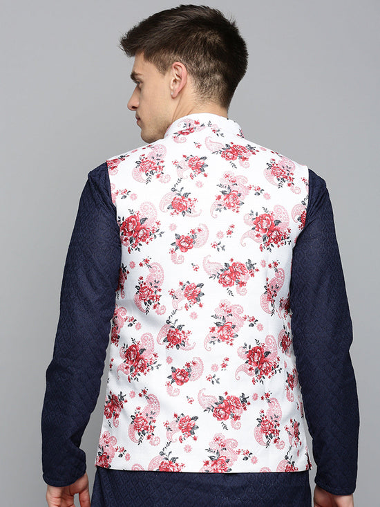 Men Mandarin Collar Printed White Nehru Jacket-GEW-PR-289-White