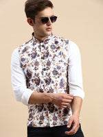 Men Mandarin Collar Printed White Nehru Jacket-GEW-PR-299-White