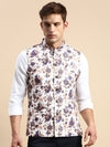 Men Mandarin Collar Printed White Nehru Jacket-GEW-PR-299-White