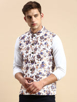 Men Mandarin Collar Printed White Nehru Jacket-GEW-PR-299-White