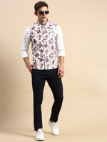 Men Mandarin Collar Printed White Nehru Jacket-GEW-PR-299-White