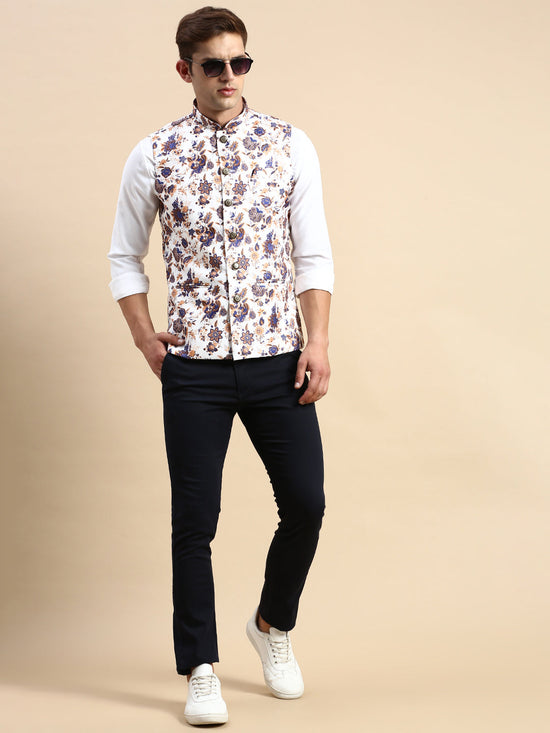 Men Mandarin Collar Printed White Nehru Jacket-GEW-PR-299-White