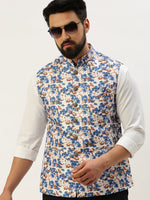 Men Mandarin Collar Printed Blue Nehru Jacket-GEW-PR-301-Blue