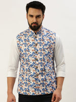 Men Mandarin Collar Printed Blue Nehru Jacket-GEW-PR-301-Blue