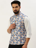 Men Mandarin Collar Printed Blue Nehru Jacket-GEW-PR-301-Blue