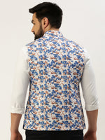 Men Mandarin Collar Printed Blue Nehru Jacket-GEW-PR-301-Blue