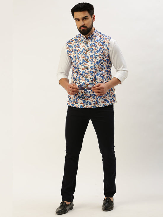 Men Mandarin Collar Printed Blue Nehru Jacket-GEW-PR-301-Blue