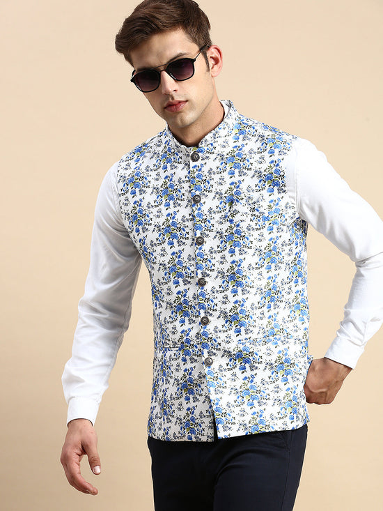 Men Mandarin Collar Printed White Nehru Jacket-GEW-PR-302-White