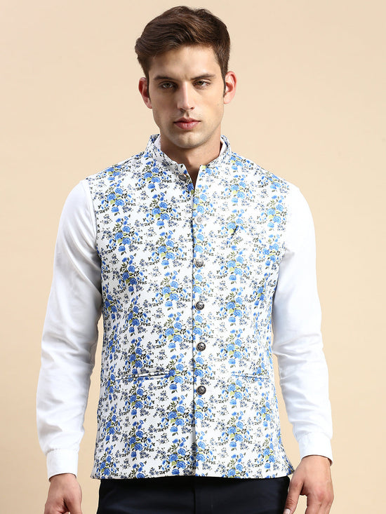 Men Mandarin Collar Printed White Nehru Jacket-GEW-PR-302-White