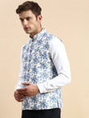 Men Mandarin Collar Printed White Nehru Jacket-GEW-PR-302-White