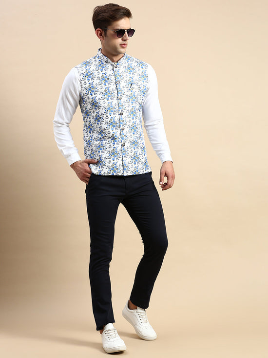 Men Mandarin Collar Printed White Nehru Jacket-GEW-PR-302-White