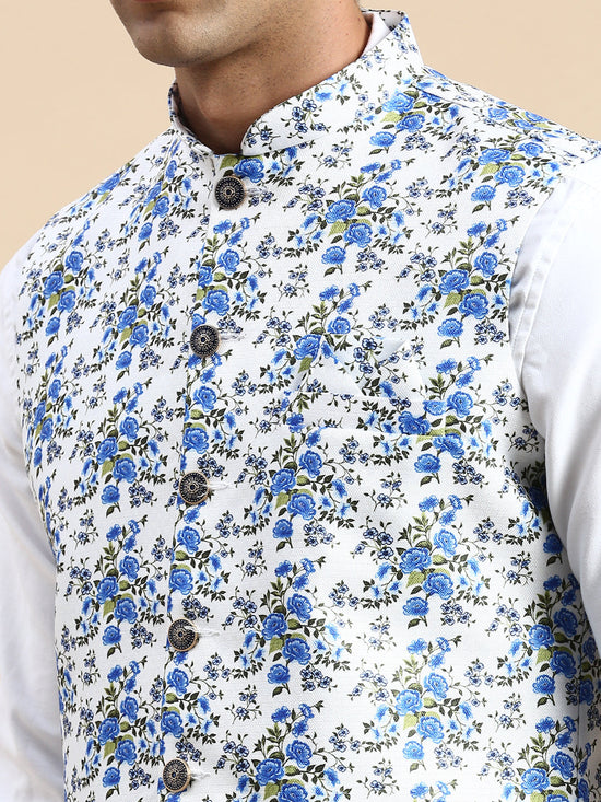 Men Mandarin Collar Printed White Nehru Jacket-GEW-PR-302-White