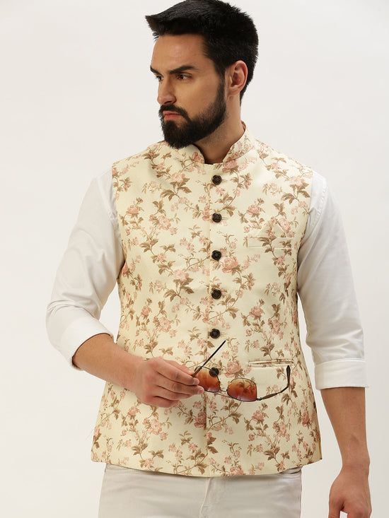 Men Mandarin Collar Printed Cream Nehru Jacket-GEW-PR-310-Cream