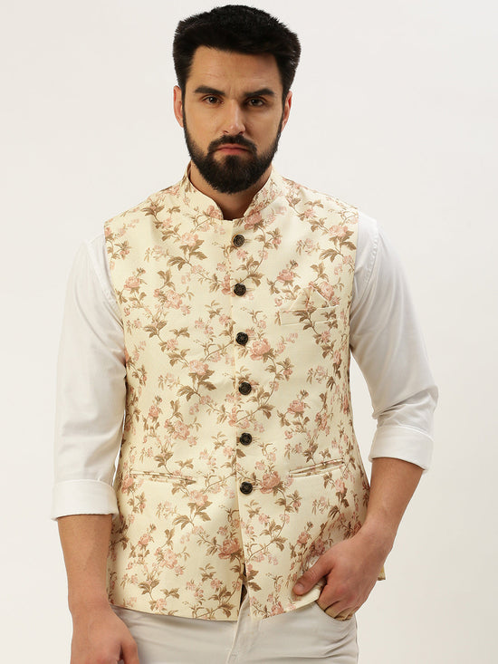 Men Mandarin Collar Printed Cream Nehru Jacket-GEW-PR-310-Cream