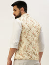 Men Mandarin Collar Printed Cream Nehru Jacket-GEW-PR-310-Cream