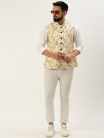 Men Mandarin Collar Printed Cream Nehru Jacket-GEW-PR-310-Cream