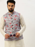 Men Mandarin Collar Printed Grey Nehru Jacket-GEW-PR-313-Grey