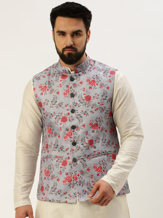 Men Mandarin Collar Printed Grey Nehru Jacket-GEW-PR-313-Grey