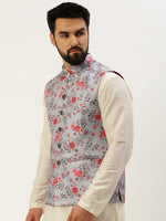 Men Mandarin Collar Printed Grey Nehru Jacket-GEW-PR-313-Grey