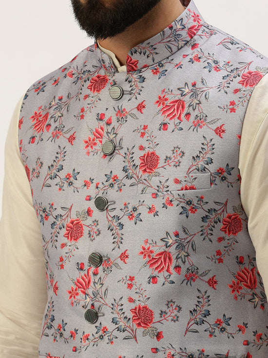 Men Mandarin Collar Printed Grey Nehru Jacket-GEW-PR-313-Grey