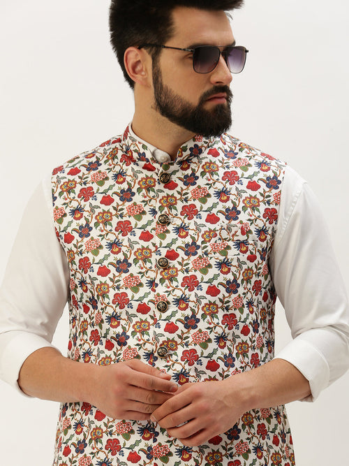 Men Mandarin Collar Printed White Nehru Jacket-GEW-PR-314-1-White