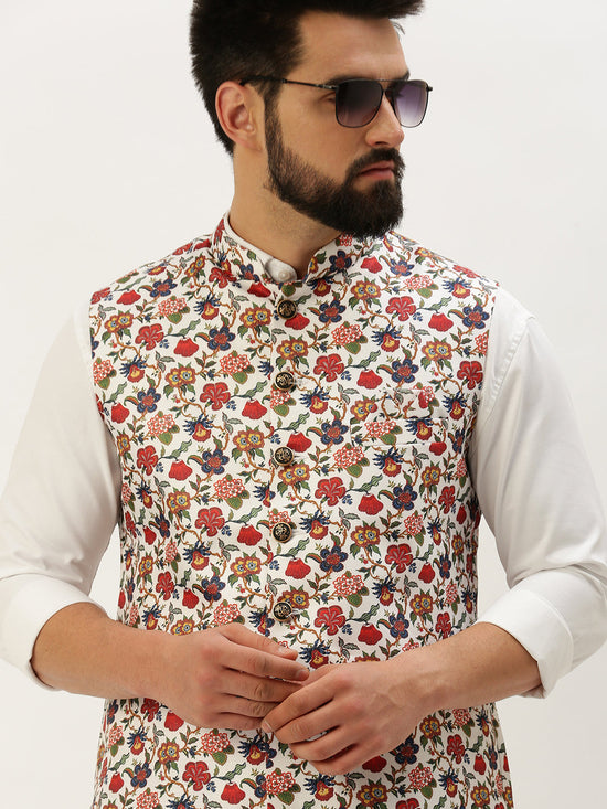 Men Mandarin Collar Printed White Nehru Jacket-GEW-PR-314-1-White