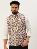 Men Mandarin Collar Printed White Nehru Jacket-GEW-PR-314-1-White