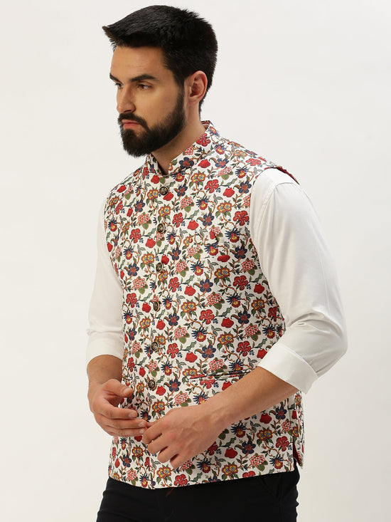 Men Mandarin Collar Printed White Nehru Jacket-GEW-PR-314-1-White