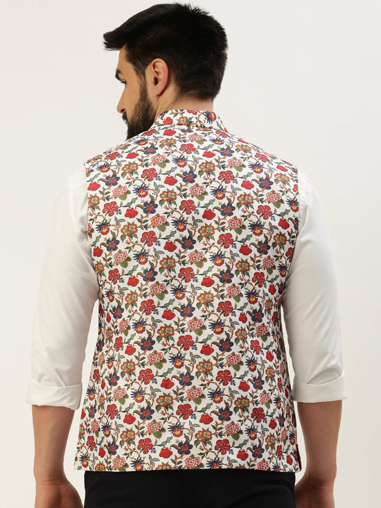 Men Mandarin Collar Printed White Nehru Jacket-GEW-PR-314-1-White