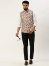 Men Mandarin Collar Printed White Nehru Jacket-GEW-PR-314-1-White