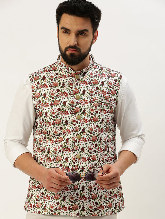 Men Mandarin Collar Printed White Nehru Jacket-GEW-PR-314-2-White