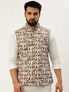 Men Mandarin Collar Printed White Nehru Jacket-GEW-PR-314-2-White