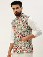 Men Mandarin Collar Printed White Nehru Jacket-GEW-PR-314-2-White