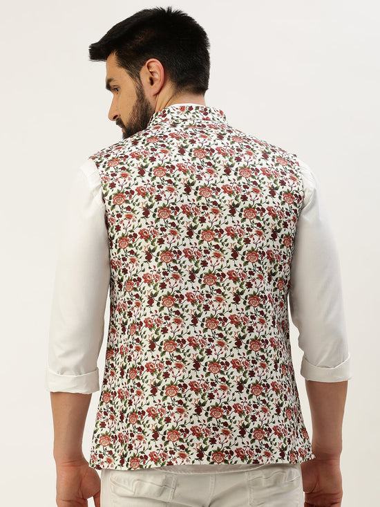 Men Mandarin Collar Printed White Nehru Jacket-GEW-PR-314-2-White