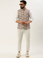 Men Mandarin Collar Printed White Nehru Jacket-GEW-PR-314-2-White