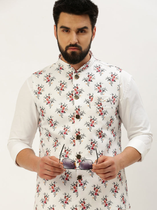 Men Mandarin Collar Printed White Nehru Jacket-GEW-PR-318-White