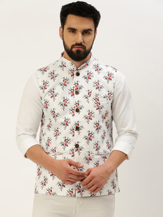 Men Mandarin Collar Printed White Nehru Jacket-GEW-PR-318-White